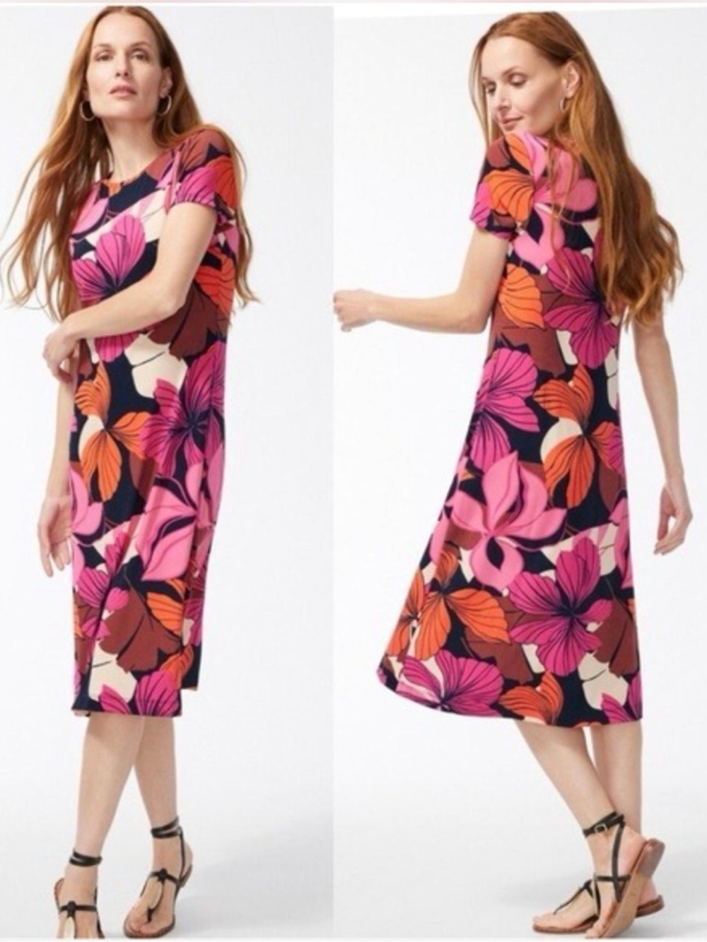 Chico’s Size 3 US XL Tropical Floral Print Midi Dress Maximalism Resortwear 70s